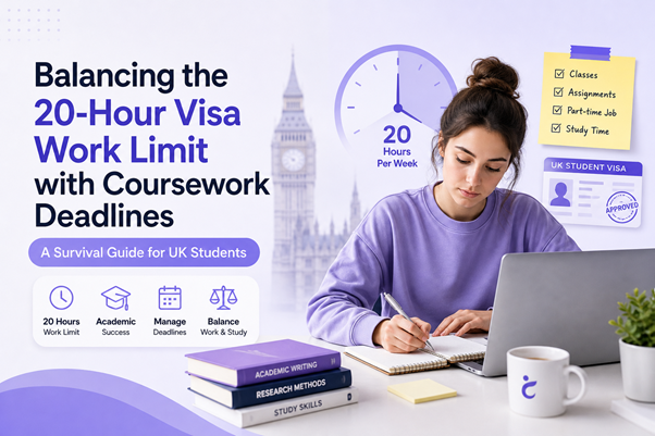 UK international student balancing the 20-hour Student Visa work limit with coursework deadlines and study planning.